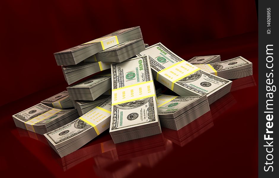 3d illustration of dollars over dark red background. 3d illustration of dollars over dark red background