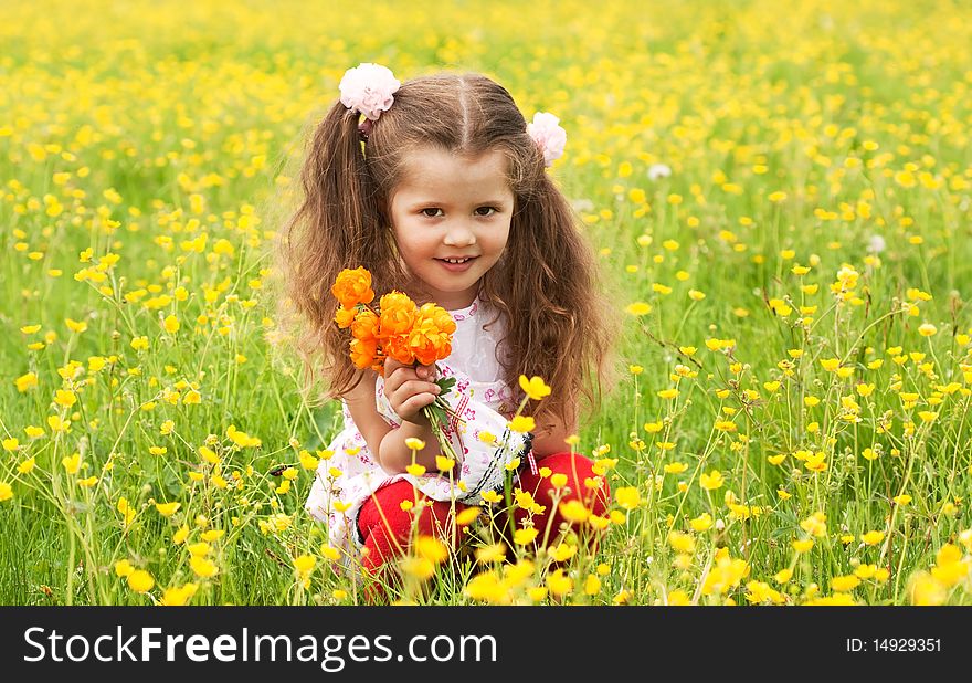 The little girl collects flowers