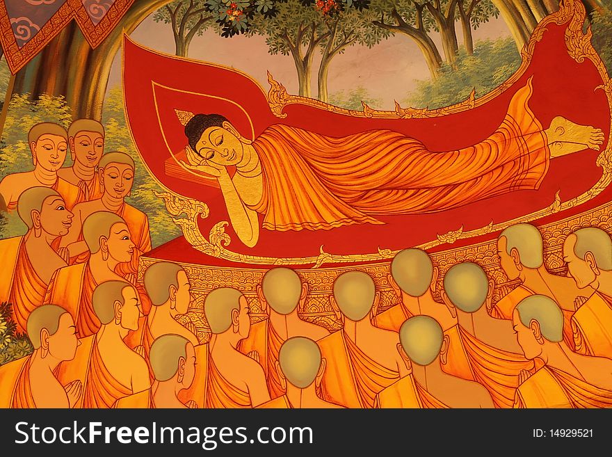 Photo mural about Buddhism in Thailand.