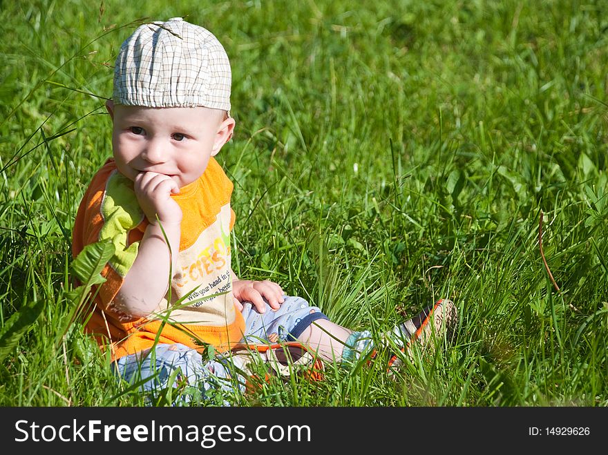 Beautiful little boy looks in green  meadow