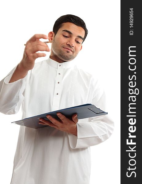 An ethnic middle eastern mixed race business man wearing a white traditional woven robe and holding a clipboard folder and pen. Man's right hand shows motion. An ethnic middle eastern mixed race business man wearing a white traditional woven robe and holding a clipboard folder and pen. Man's right hand shows motion.