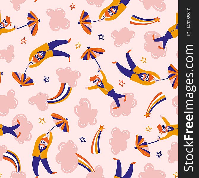 Dreamers in the pink clouds. Vector hand-drawn seamless pattern. Hippie design for fabric