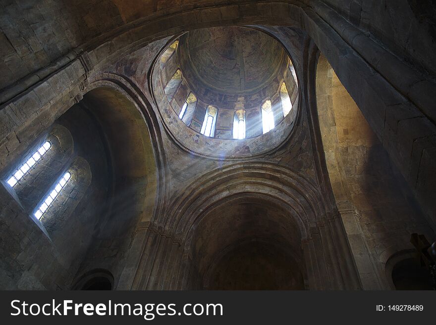 Tbilisi Georgia ancient Georgian Church inside temple sanctuary dome cupola canopy light. Tbilisi Georgia ancient Georgian Church inside temple sanctuary dome cupola canopy light