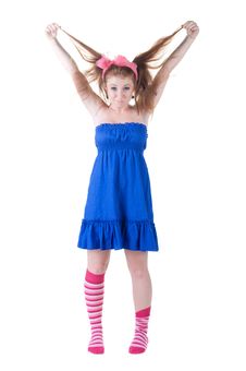 Lovely Red-haired Girl In Dark Blue Sundress. Stock Photography Lovely Red-haired Girl In Dark Blue Sundress. Stock Photography