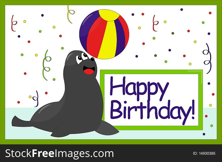 A funny vector cartoon style happy birthday card for children with a sail playing witha coloured ball on a white background with confetti. A funny vector cartoon style happy birthday card for children with a sail playing witha coloured ball on a white background with confetti.