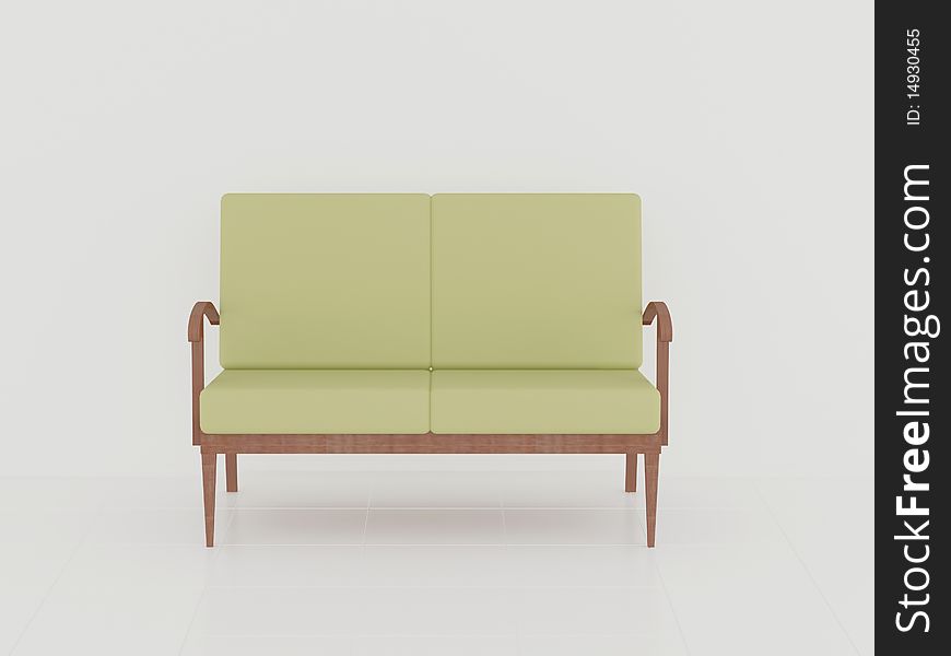 Modern green sofa in the white room, 3D render/illustration