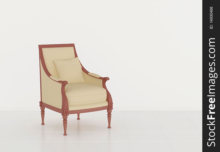 Classic brown armchair in the midle of the room, 3d render/illustration