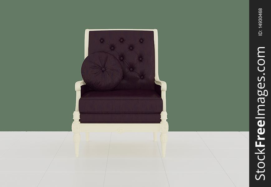 Classic violet armchair in the midle of the room, 3d render/illustration