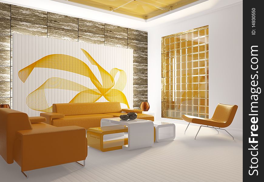 Modern interior with orange furniture and white floor