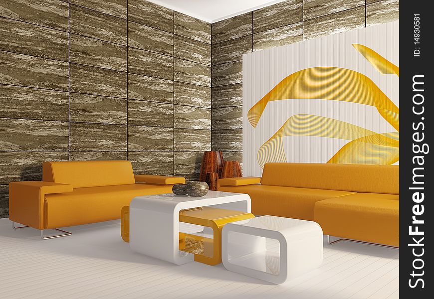 Modern interior with orange furniture and white floor