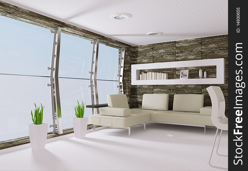 Modern interior room with panoramic windows