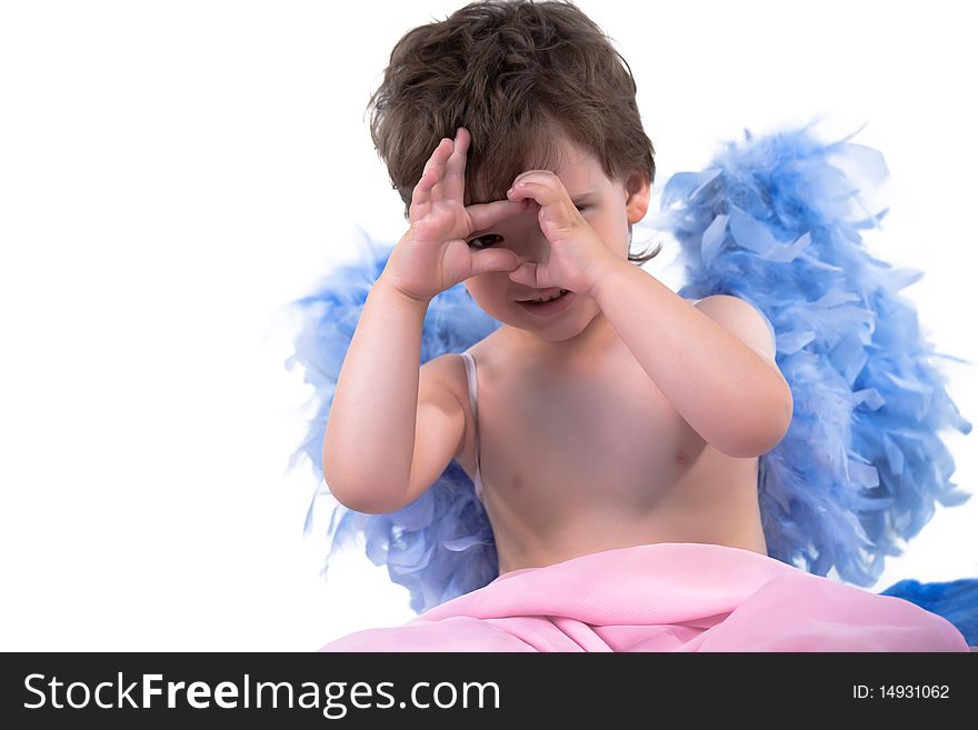 Boy with angel wings posing on a white background. Boy with angel wings posing on a white background