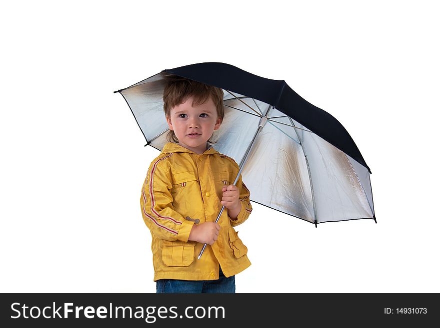 Boy posing with umbrella on a white background. Boy posing with umbrella on a white background