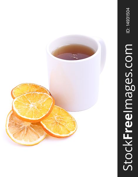 Cup of tea and dried fruits on white (isolated, clipping path)