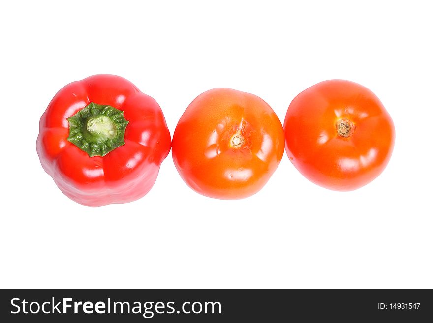 Tomato and pepper on white background (isolated, clipping path)