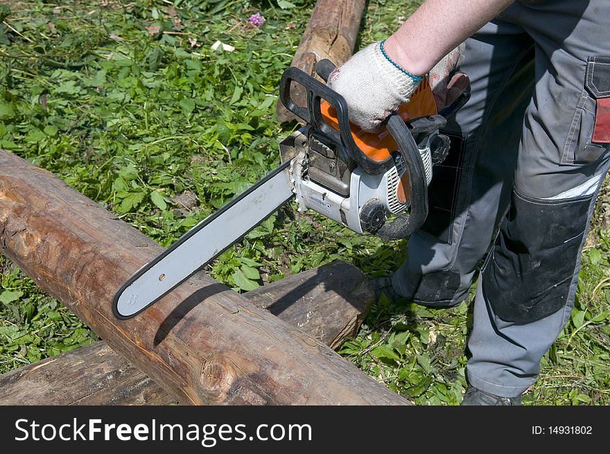 Man Chops A Fallen Tree