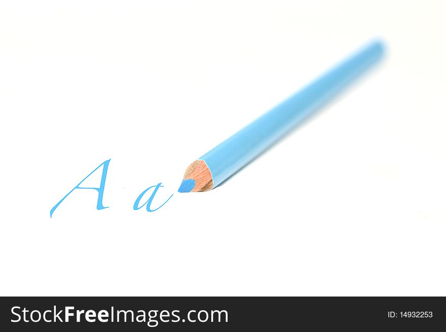 A blue colored pencil with the alphabet a opn a white background