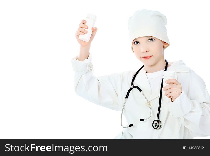 Shot of a little boy in a doctors uniform. Isolated over white background.