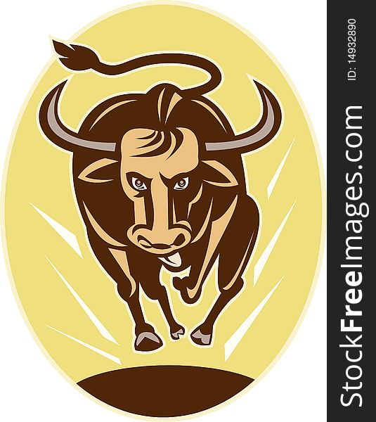 Illustration of a Raging texas longhorn bull charging toward you