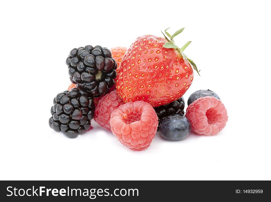 Geroup of summer berries, rasperries, blackberries and strawberries on white. Geroup of summer berries, rasperries, blackberries and strawberries on white