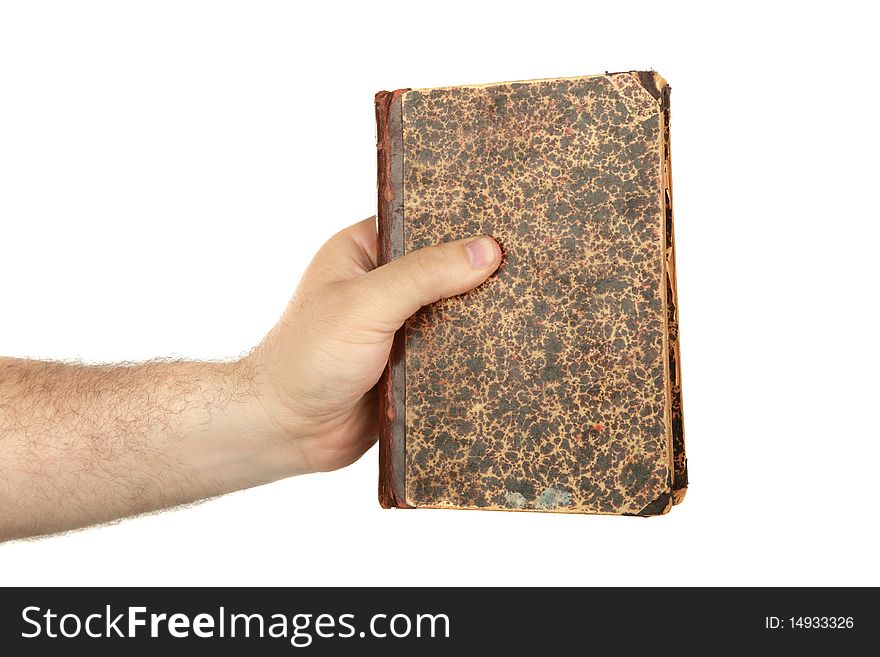 Man's hand with old book , closeup, isolated background