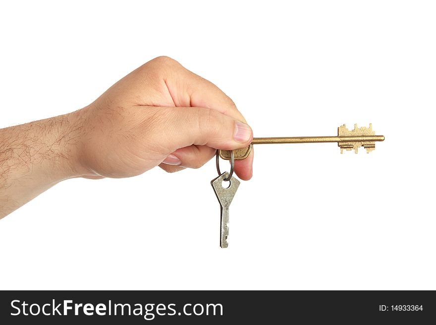 Man's hand with lock key , closeup, isolated background