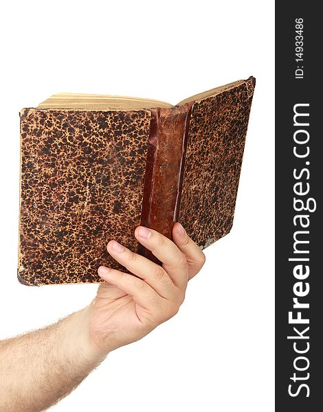 Man's hand with old book , closeup, isolated background