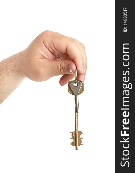 Man's hand with lock key , closeup, isolated background