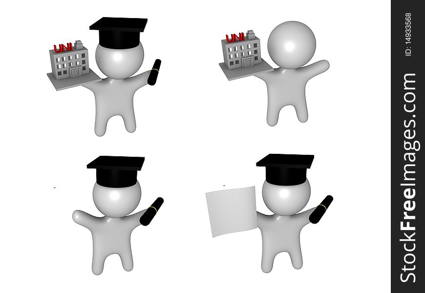 Four simple university guys in different positions in 3d. Four simple university guys in different positions in 3d