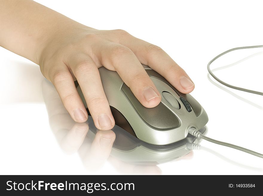 Compute mouse in  hand isolated in white