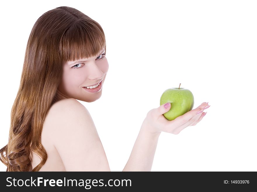 Topless woman with green apple