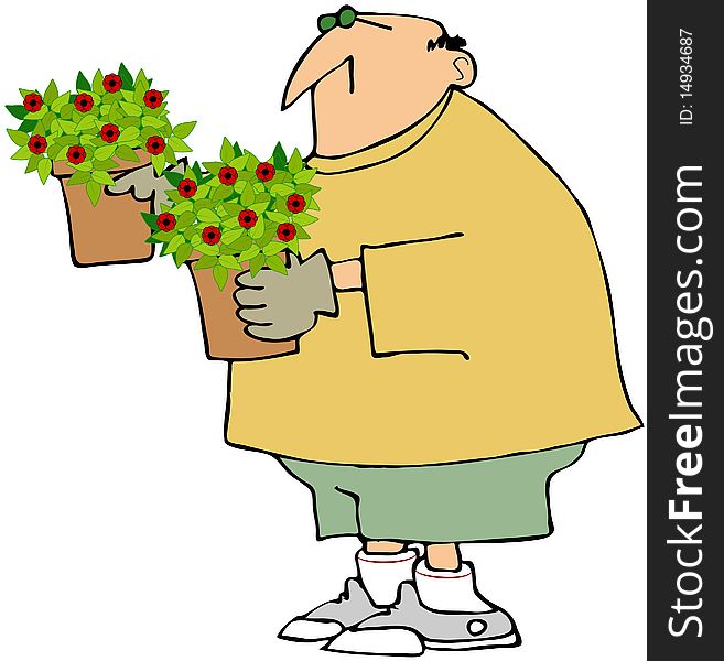 This illustration depicts a man holding two pots with flowering plants. This illustration depicts a man holding two pots with flowering plants.