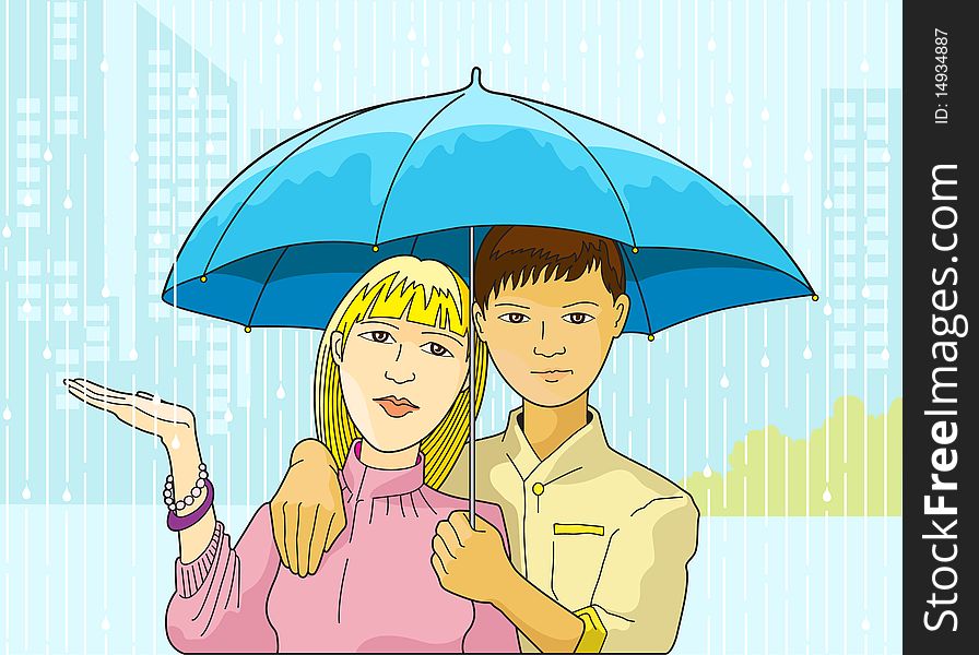Illustration of young couple sharing in one umbrella. Illustration of young couple sharing in one umbrella