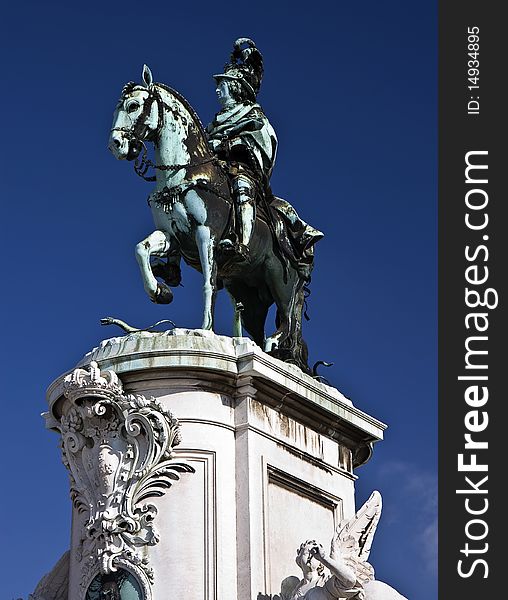 The equestrian statue of King JosÃ© I, located in the center of the majestic Commerce. The equestrian statue of King JosÃ© I, located in the center of the majestic Commerce