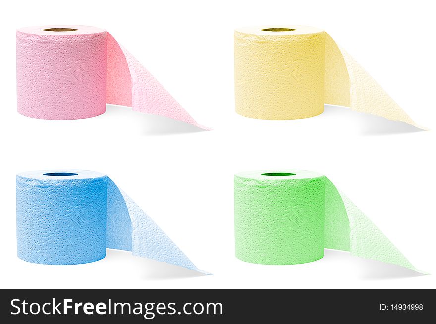 Four colorful rolls of toilet paper isolated on white background (8 megapixel each)