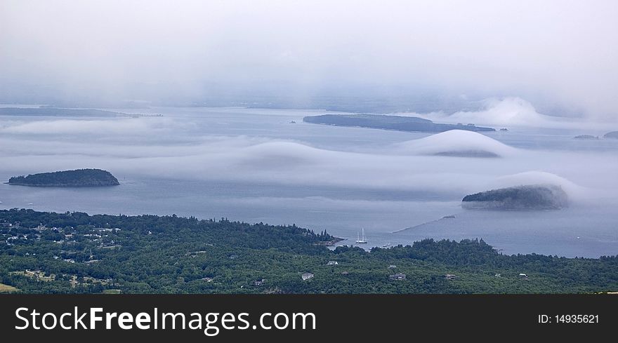 Foggy coastline in Maine, Usa