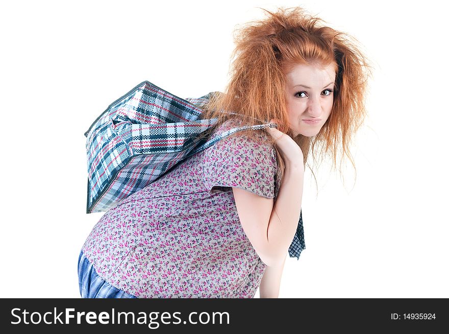 Tired woman with shopping bag. Isolated over white .