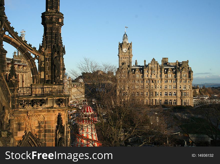 View of Edinburgh's Scott's Monument from above with the Balmoral in the Background. Taken on St Andrew's Day 2009. View of Edinburgh's Scott's Monument from above with the Balmoral in the Background. Taken on St Andrew's Day 2009