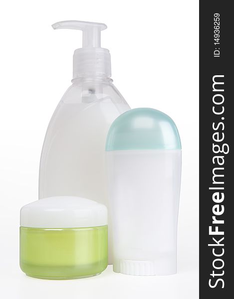 Face cream, dry deodorant and liquid soap bottles. Face cream, dry deodorant and liquid soap bottles