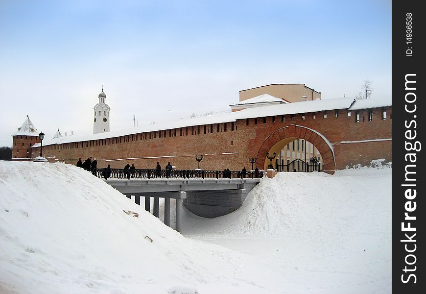 View on old wall of Novgorod Kremlin, Russia