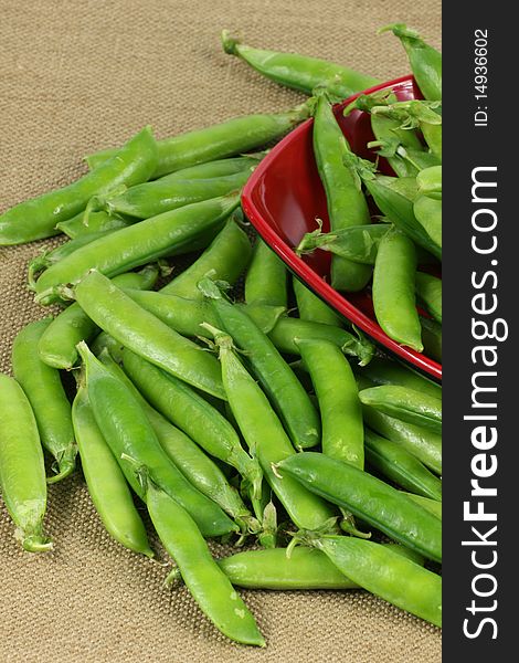 Delicious fresh green peas on red plate. Delicious fresh green peas on red plate