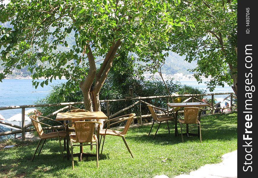 Cafe near sea comfortable tables and chairs