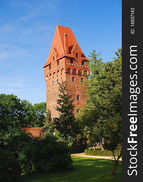 Brick Gothic architecture. Defensive tower, City of TangermÃ¼nde, Saxony Anhalt, Germany.
