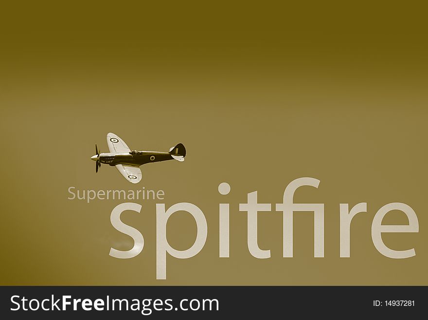 A Supermarine Spitfire MK PRXIX PS915 'The Last'. Set as a sepia styled image, with text spelling Supermarine Spitfire.