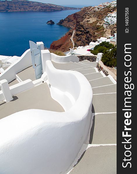 Santorini beautiful volcanic island in Greece landscape with blue churches, windmills and volcanic caldera