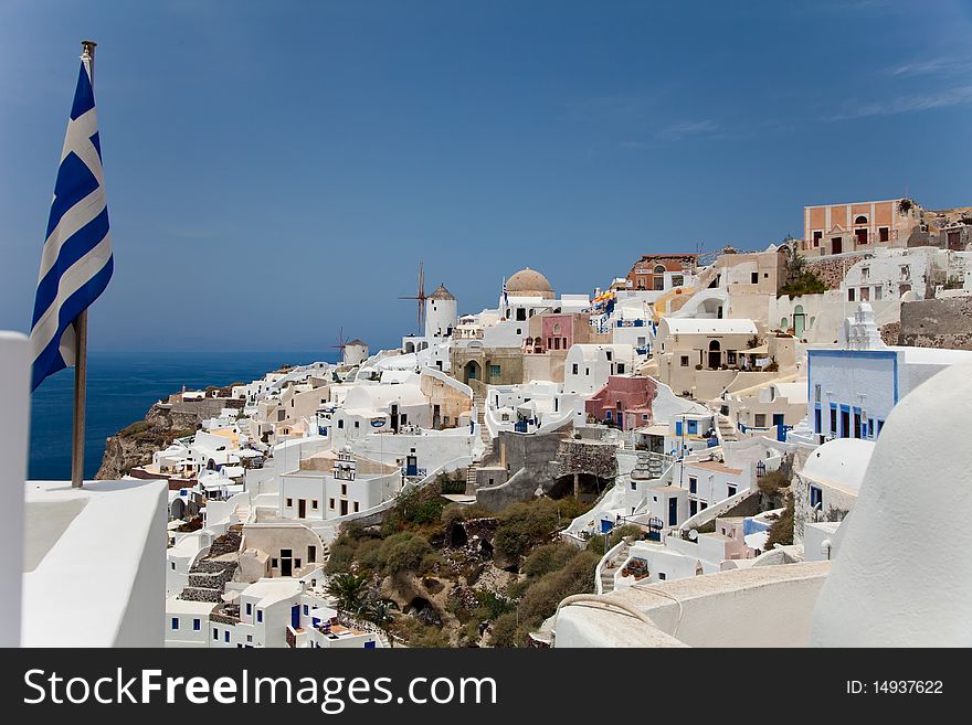 Santorini beautiful volcanic island in Greece landscape with blue churches, windmills and volcanic caldera