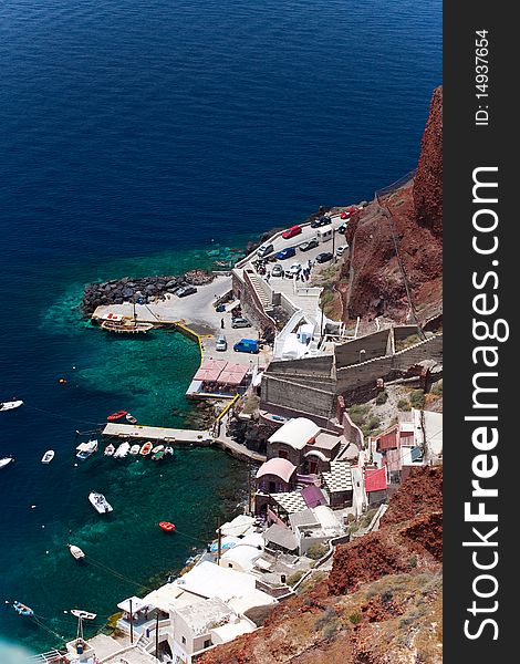 Santorini beautiful volcanic island in Greece landscape with blue churches, windmills and volcanic caldera