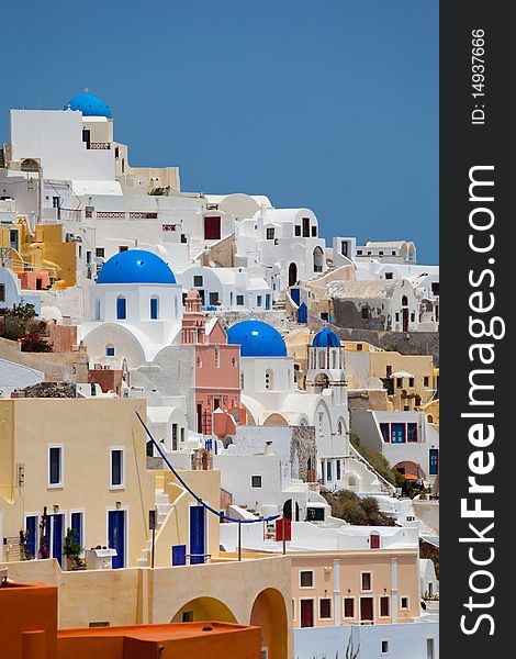 Santorini beautiful volcanic island in Greece landscape with blue churches, windmills and volcanic caldera