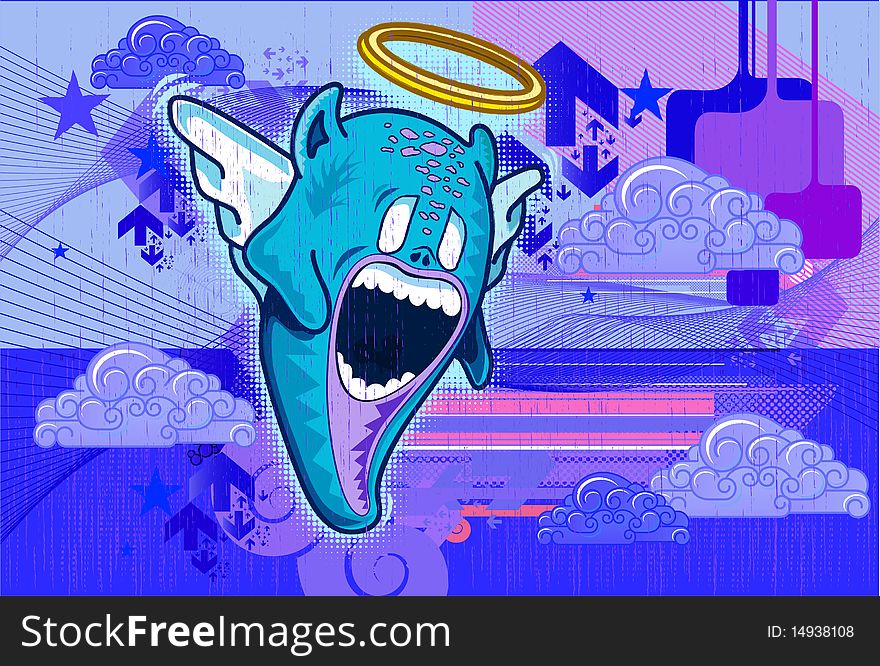 Angel monster illustration in blue background