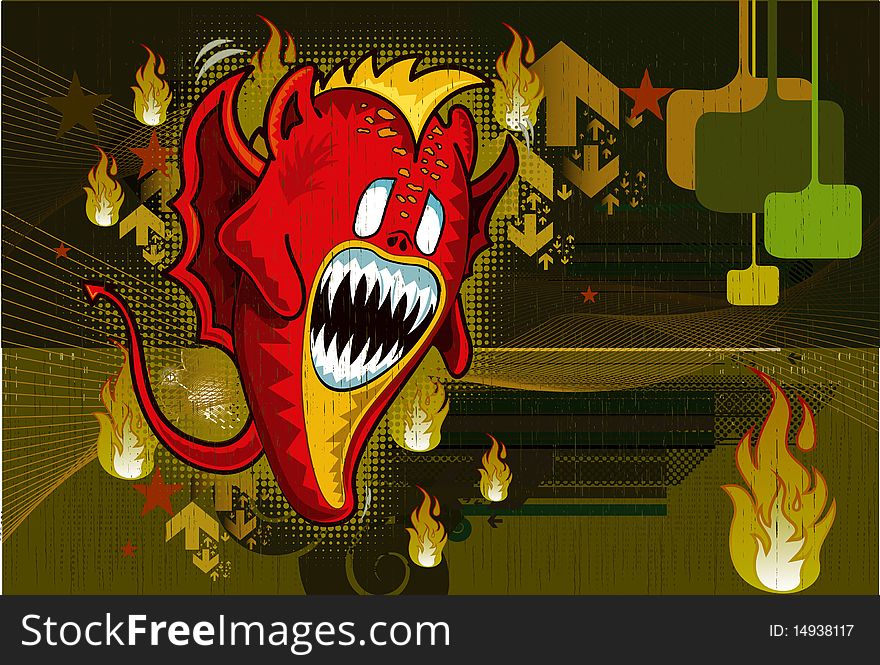 Demon Cute Monster Illustration In Red Background